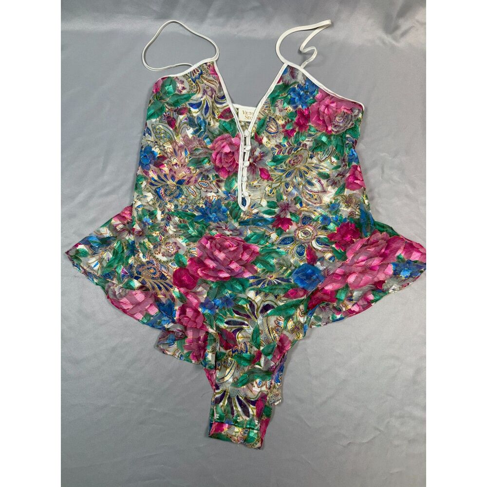 Vtg Victoria's Secret Gold Label Metallic Floral Paisley Teddy Romper M 80s 90s